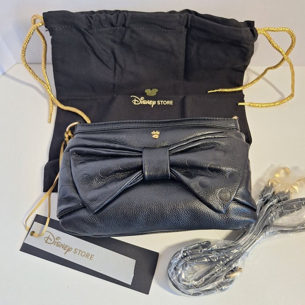 Disney Store Black Minnie Mouse Polka Dot Bow Lrather Gold Accents Dust Bag New - Picture 10 of 10